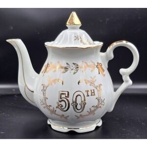 50th Anniversary White‎ Gold Vintage Lefton Teapot Elegant Collectible #4933